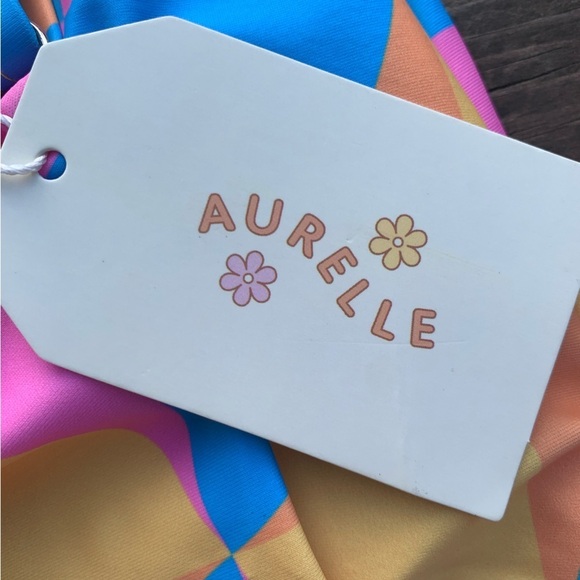 Aurelle Blue Pink Orange Retro One piece Swimsuit with Belt Thong Cheeky Size M - Picture 4 of 7